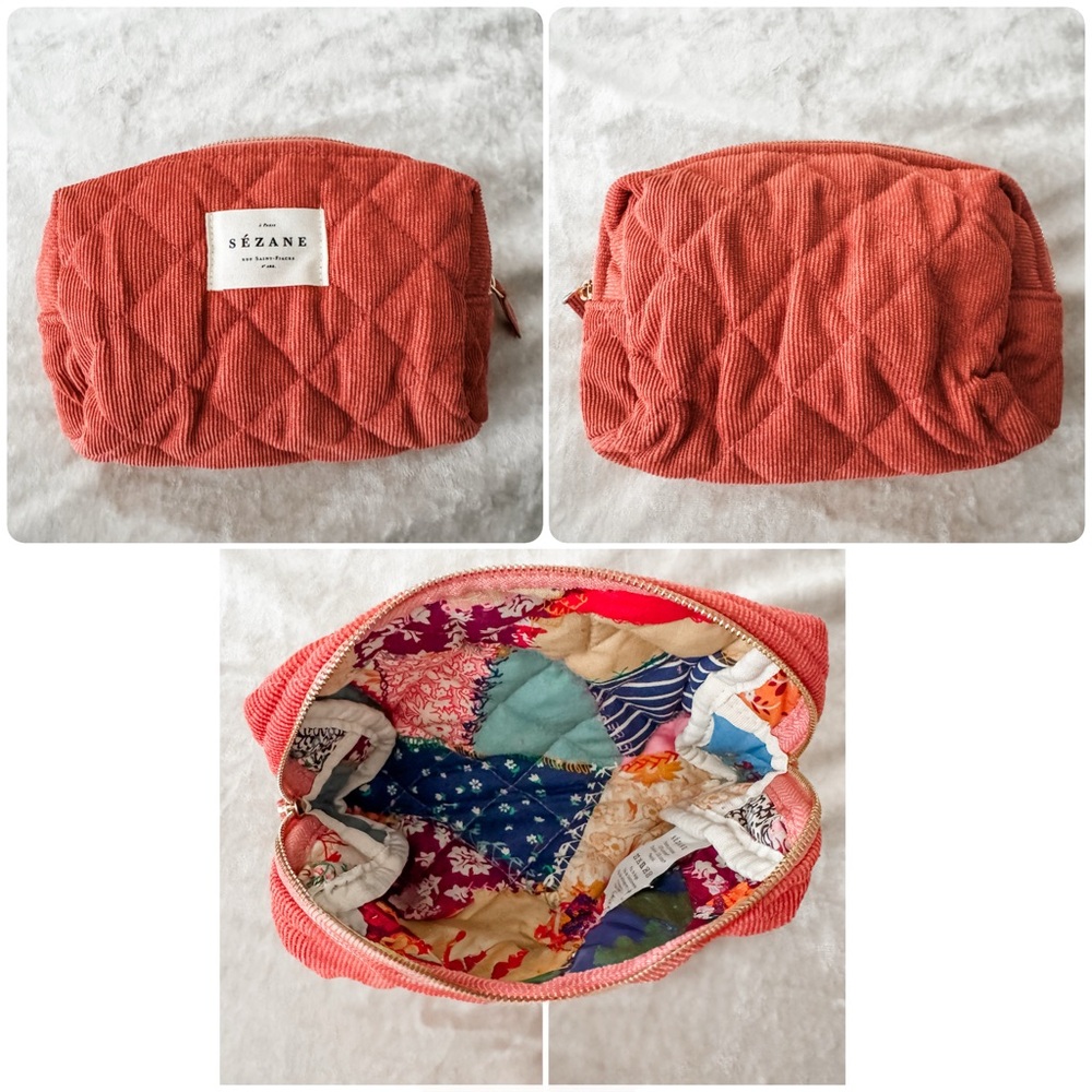 NWOT Sezane velvet quilted pouch, coral